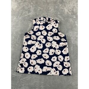 Ann Taylor Factory Navy Blue White Floral Poppy Mock Neck Sleeveless Blouse S